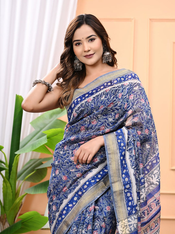 Exclusive Rapid Hand Block Printed Maheshwari Silk Saree