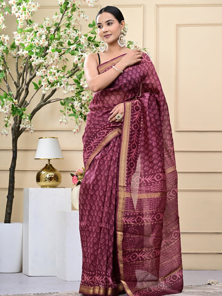 Wine Handblock Printed Maheshwari Silk Sarees With Blouse