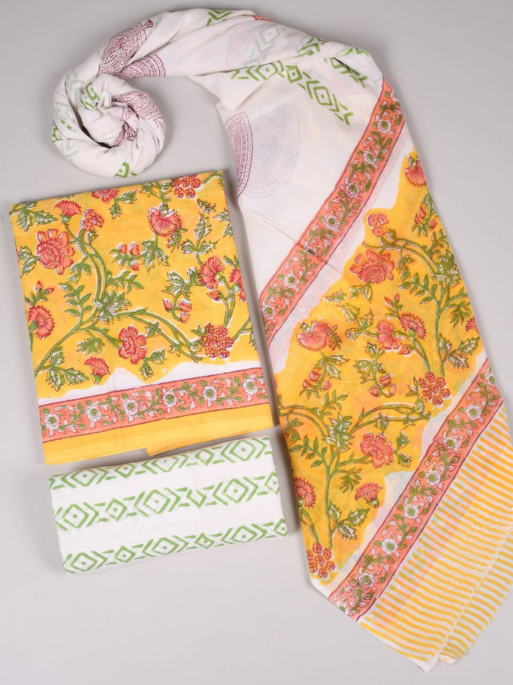 Yellow Repid HandBlock Cotton Suit With Soft Mul Cotton Dupatta
