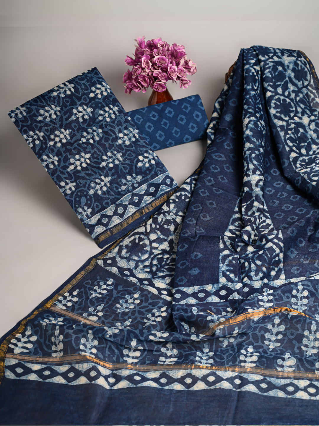 Indigo Hand-Block Printed Chanderi Silk Suits