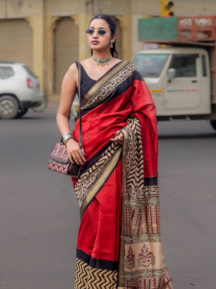 Authentic Bagru HandBlock Red Putai Pure Maheshwari Silk Saree