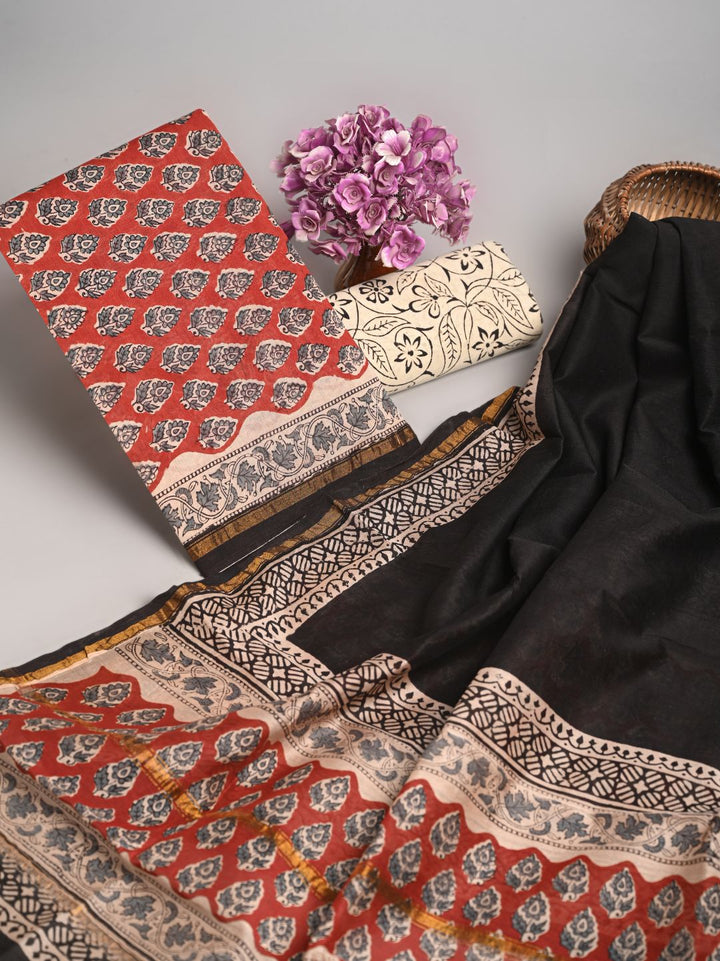 Traditional Butti Bagru Block Printed Chanderi Silk Suit