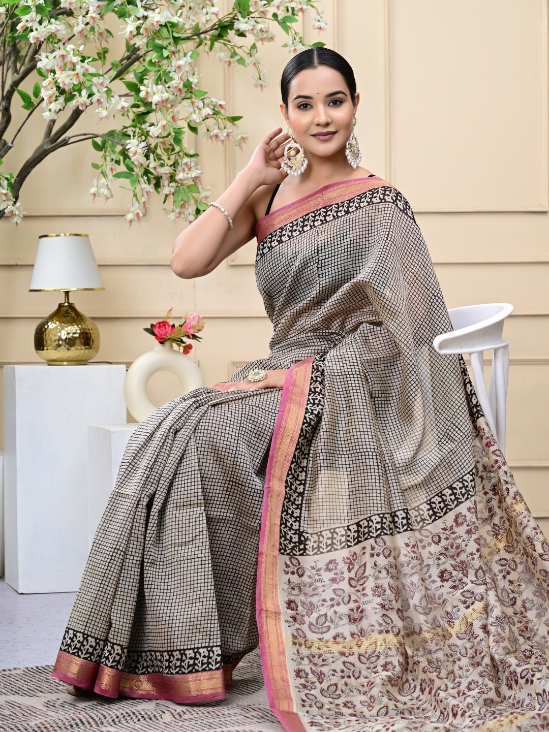 Checkbox Bagru Handblock Printed Maheshwari Silk Sarees