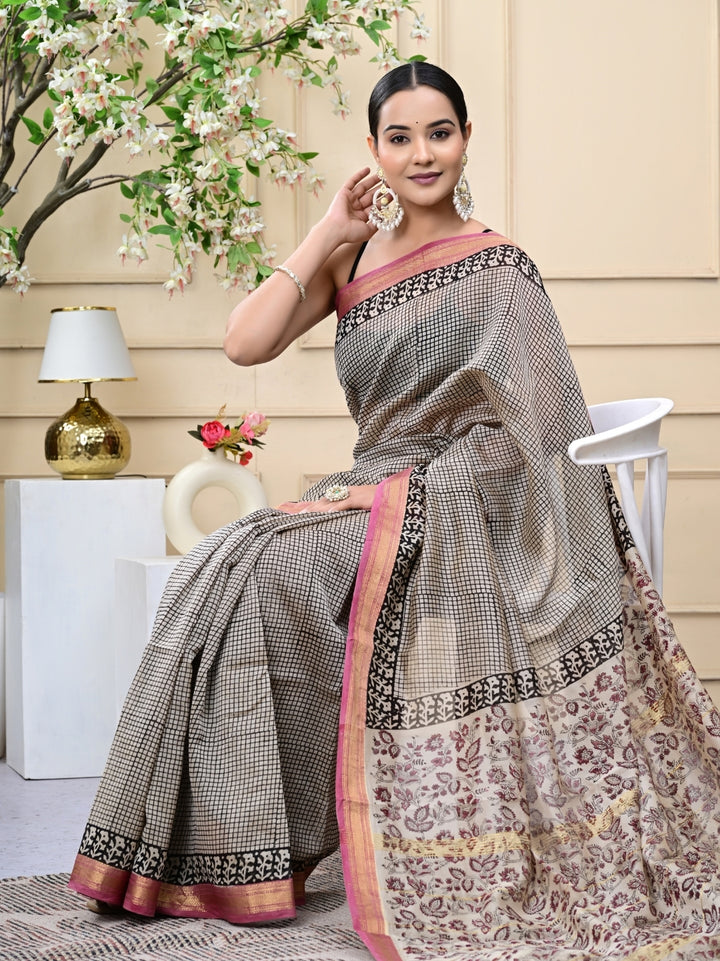 Checkbox Bagru Handblock Printed Maheshwari Silk Sarees