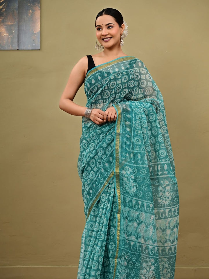 C Green Dabu HandBlock Pure Kota Doriya Saree
