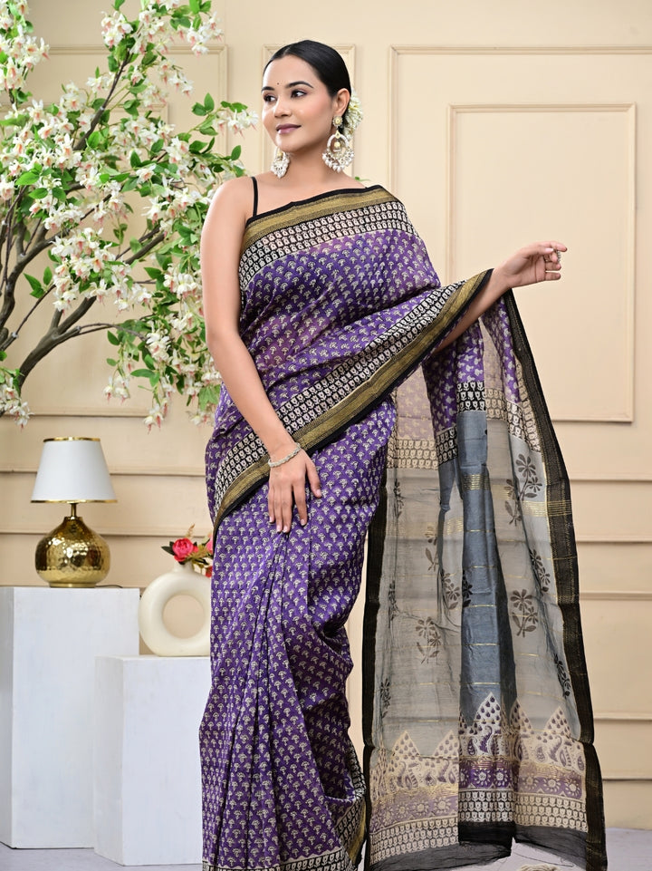 Purple Handblock Print Maheshwari Silk Sarees