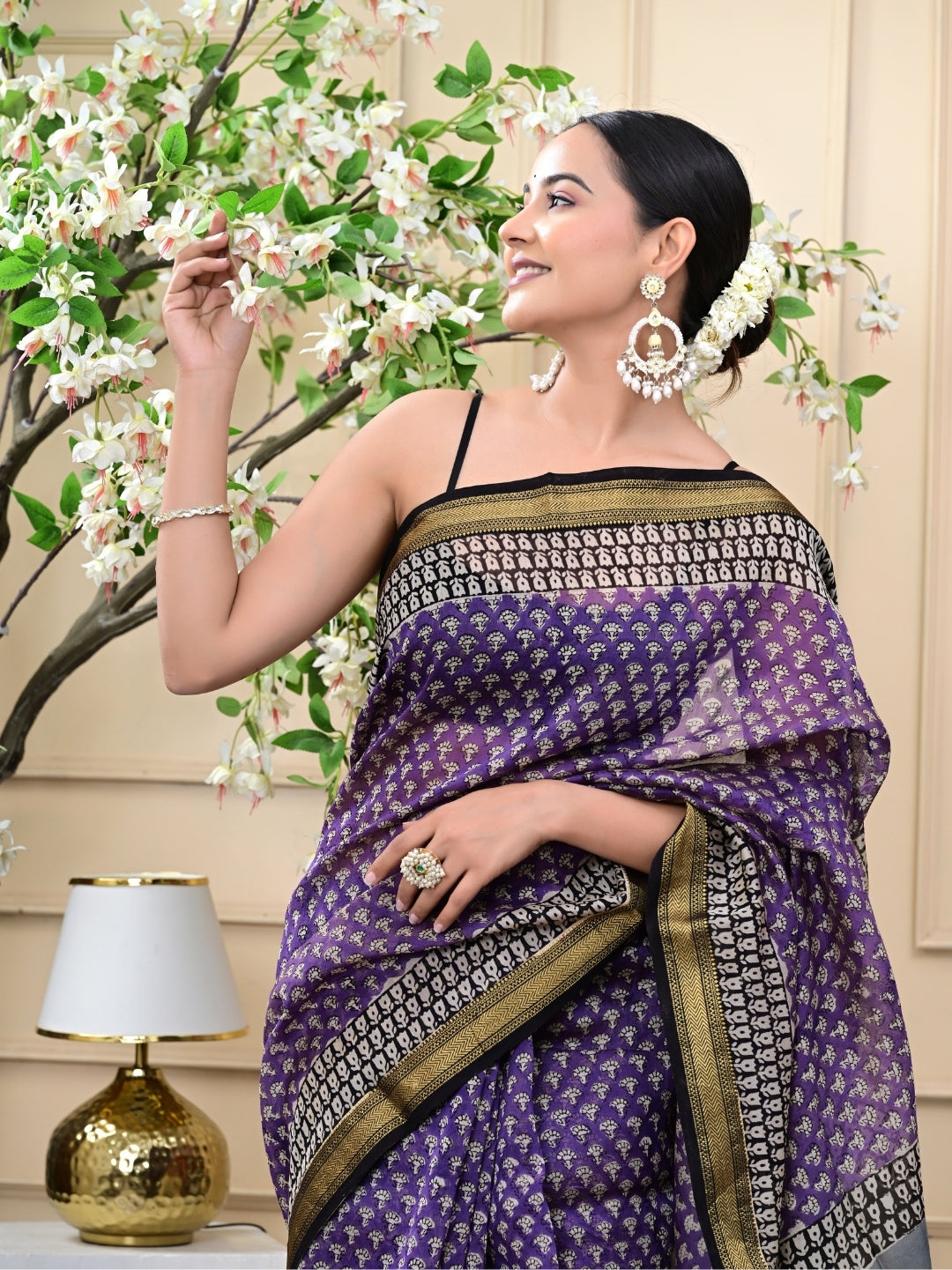 Purple Handblock Print Maheshwari Silk Sarees