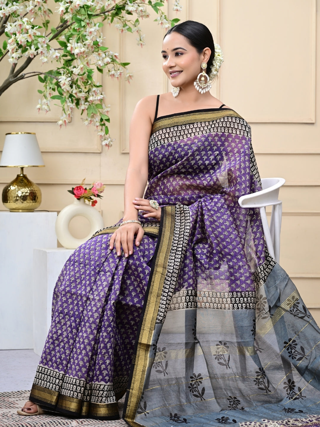 Purple Handblock Print Maheshwari Silk Sarees