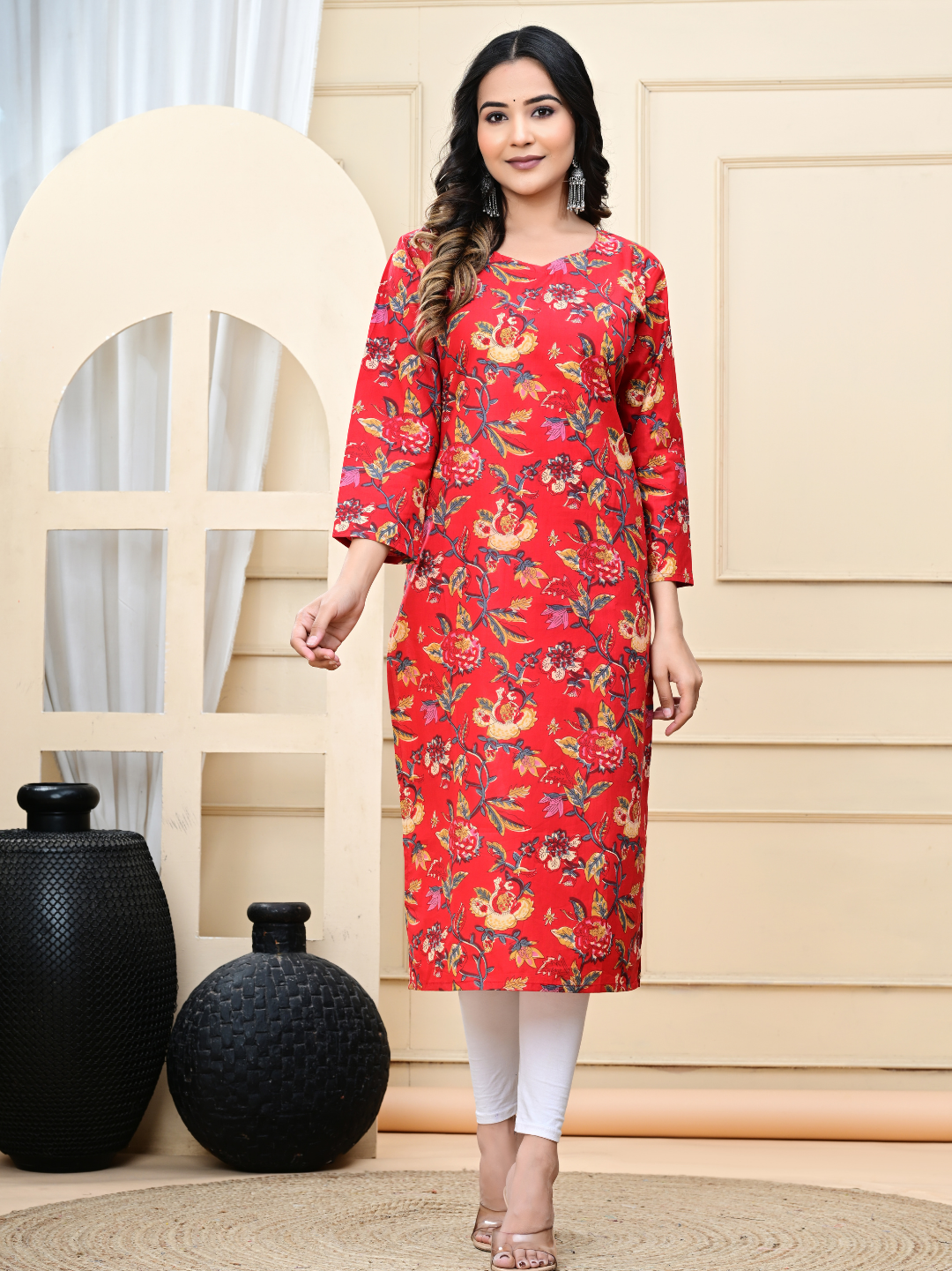 Red Flower Jaal Multicolor Hand-Block Printed Cotton Kurti