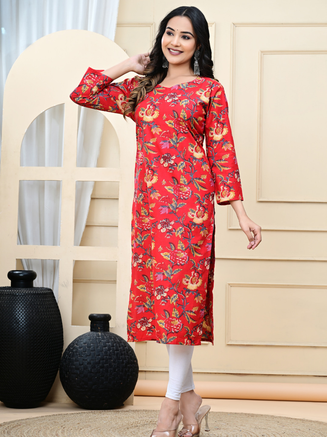 Red Flower Jaal Multicolor Hand-Block Printed Cotton Kurti