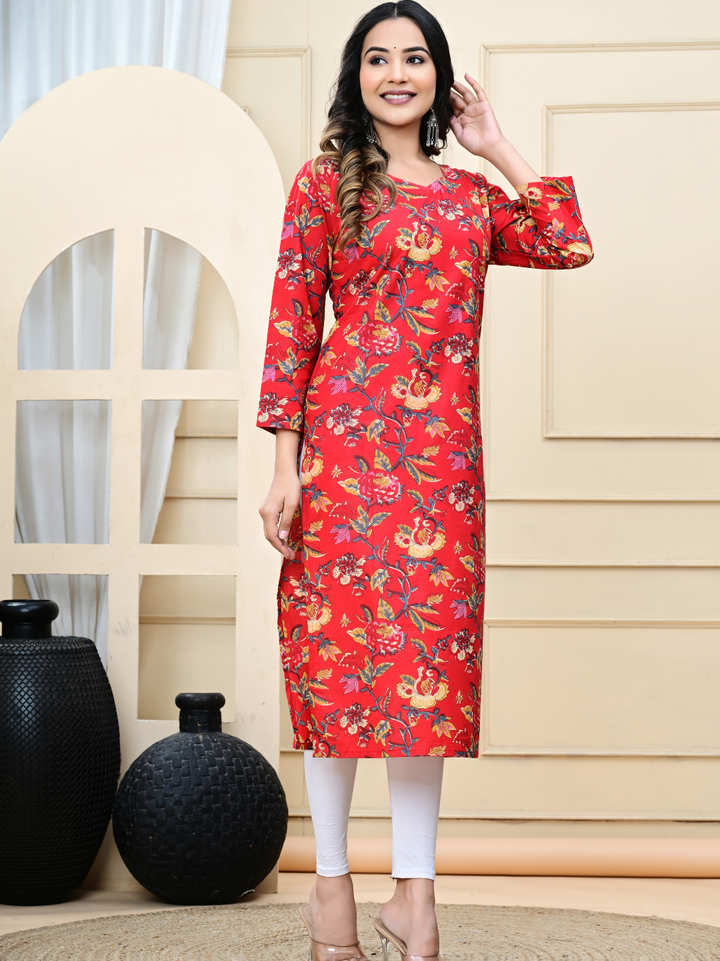 Red Flower Jaal Multicolor Hand-Block Printed Cotton Kurti