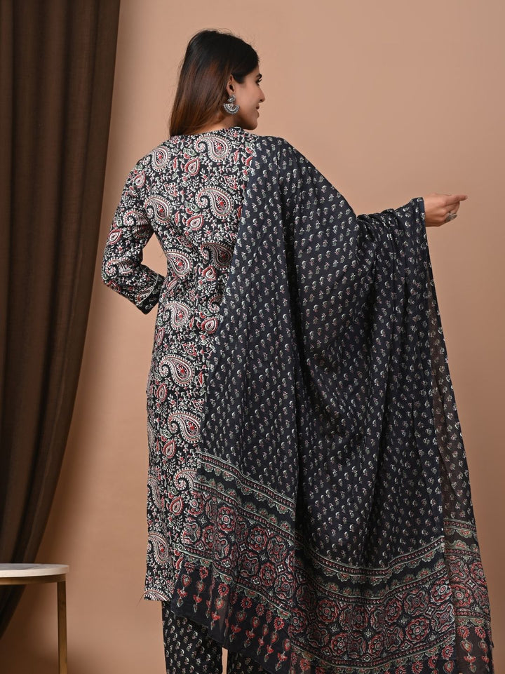 All Time Favorite Black Cotton Stitched Suit with Mulmul Dupatta