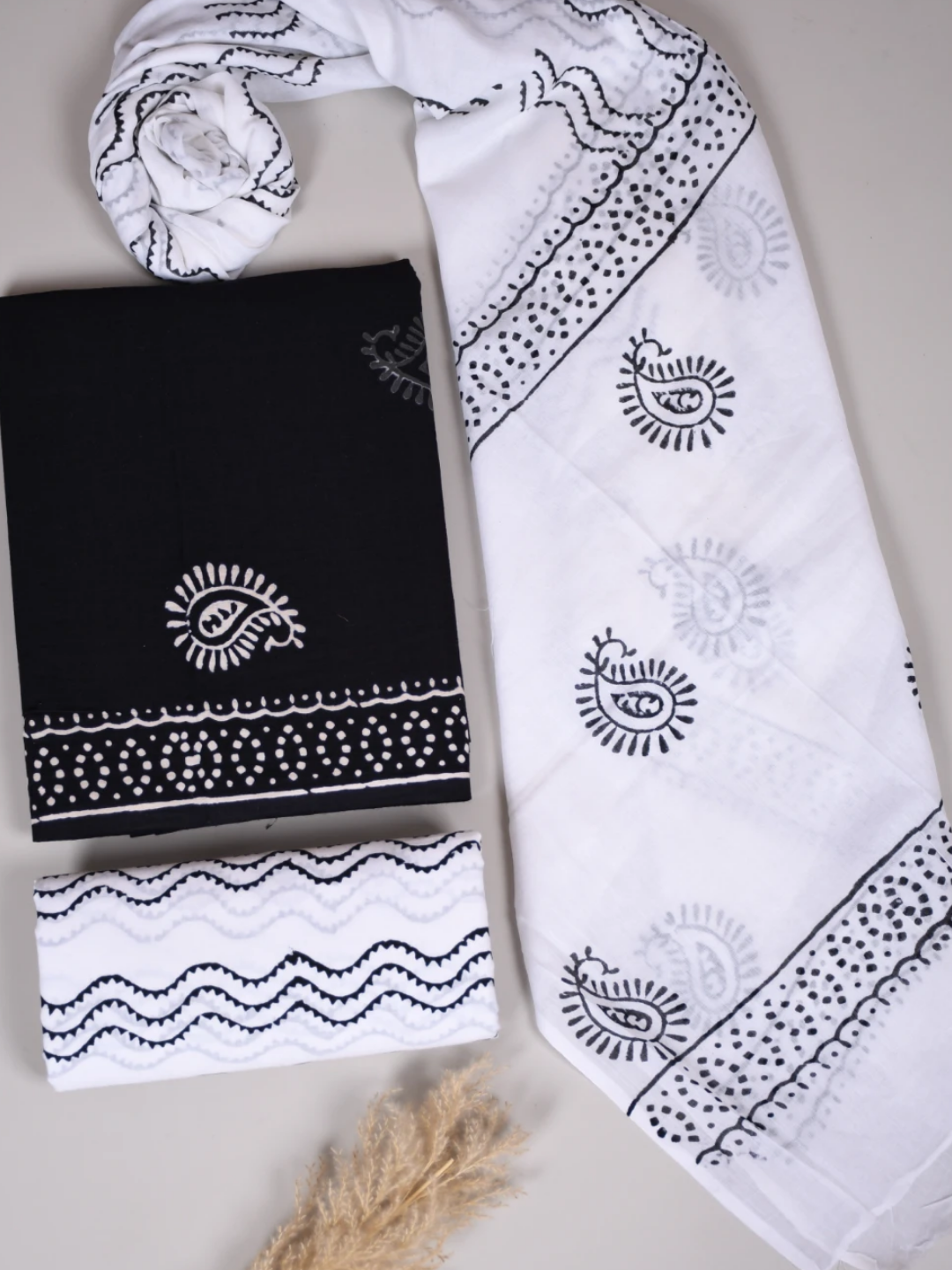Elegant Black & White Block Printed Cotton Suit with Mulmul Dupatta
