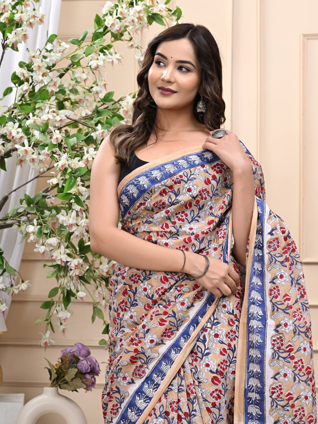 Premium Handblock Beige Mulmul Cotton Saree with Blouse