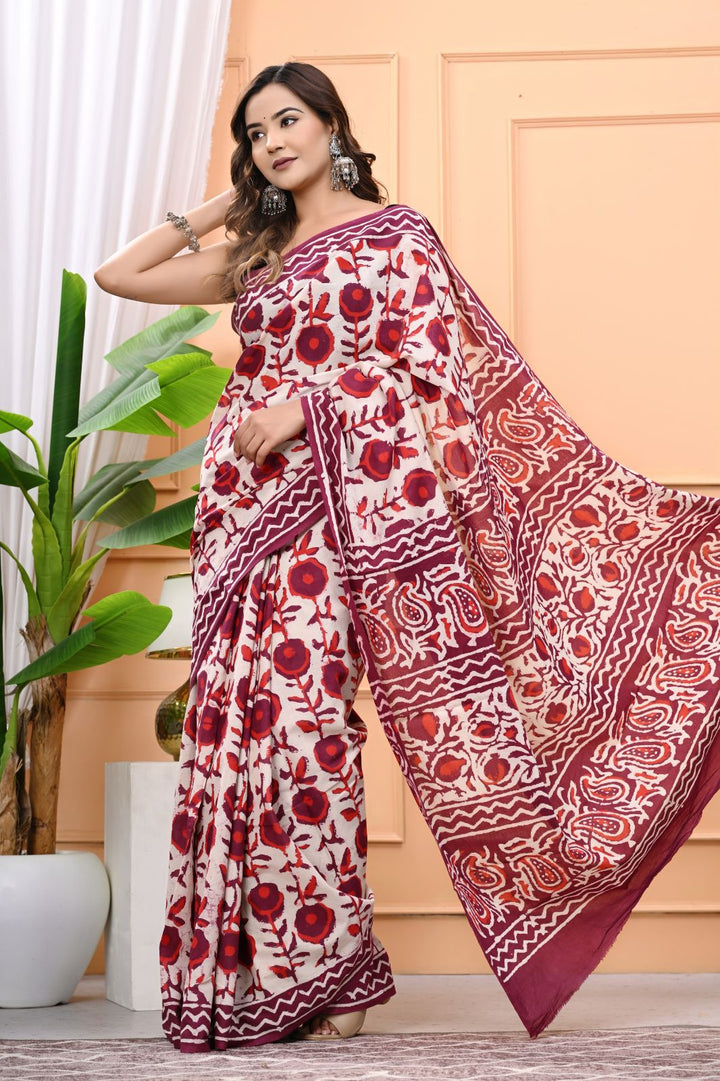 Natural Dabu Hand Block Printed Mulmul Cotton Saree