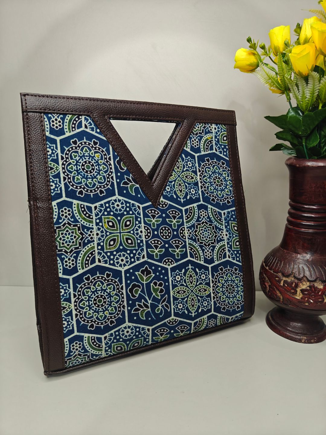 Graceful Ajrakh Print Cotton Fabric Kit-Kat (V Cut) Hand Bag