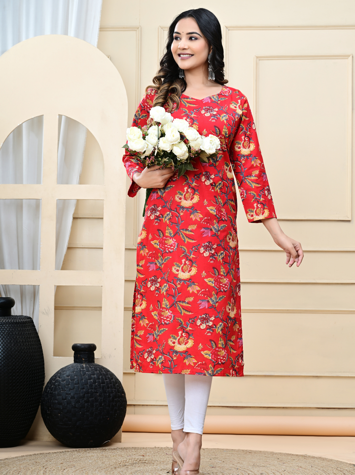 Red Flower Jaal Multicolor Hand-Block Printed Cotton Kurti