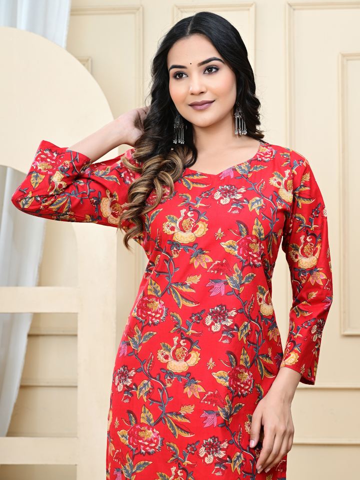 Red Flower Jaal Multicolor Hand-Block Printed Cotton Kurti