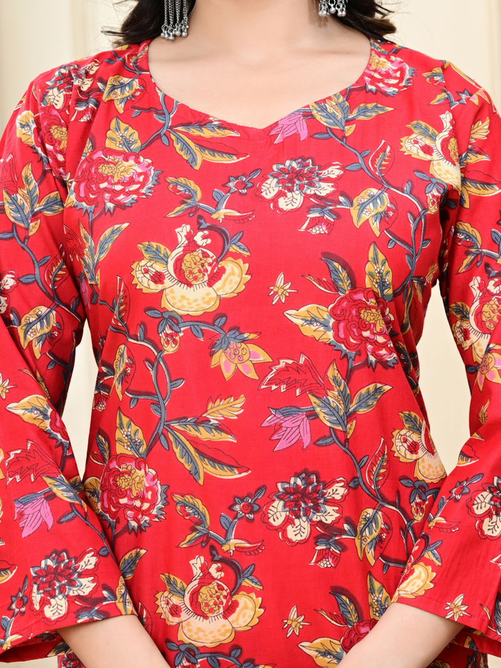 Red Flower Jaal Multicolor Hand-Block Printed Cotton Kurti