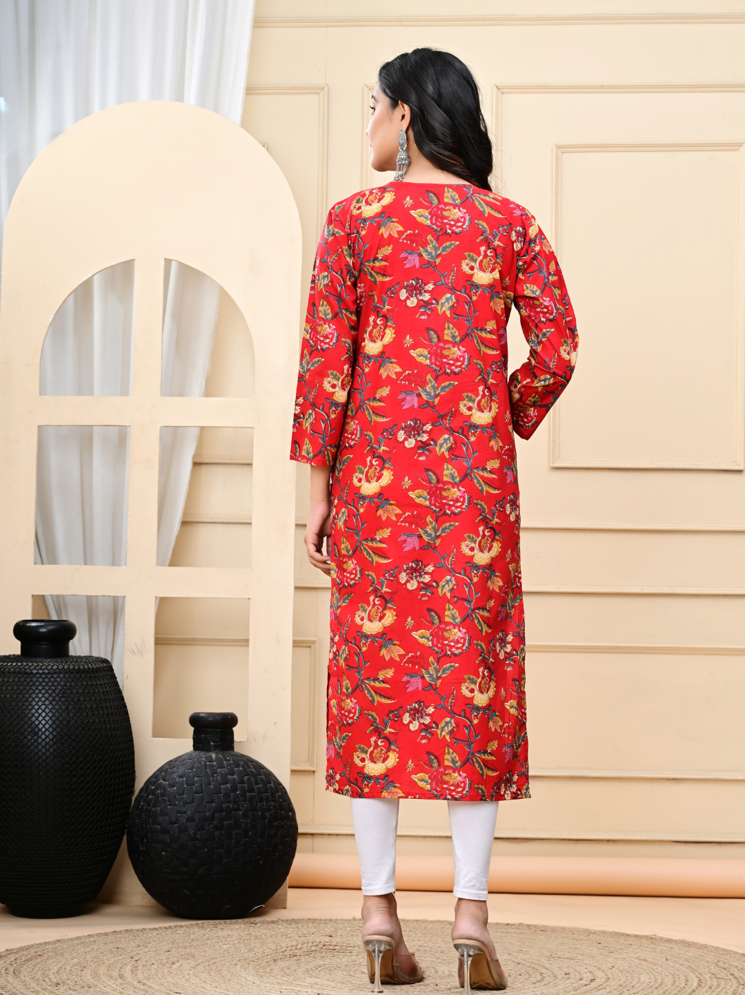 Red Flower Jaal Multicolor Hand-Block Printed Cotton Kurti