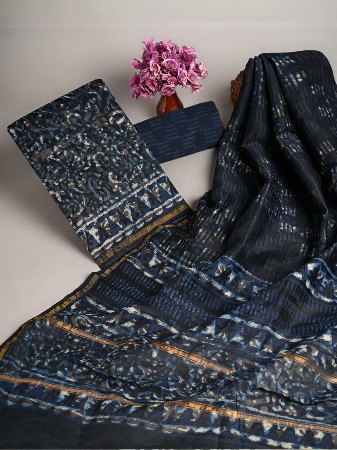 Indigo Jaal Hand-Block Printed Chanderi Silk Suits