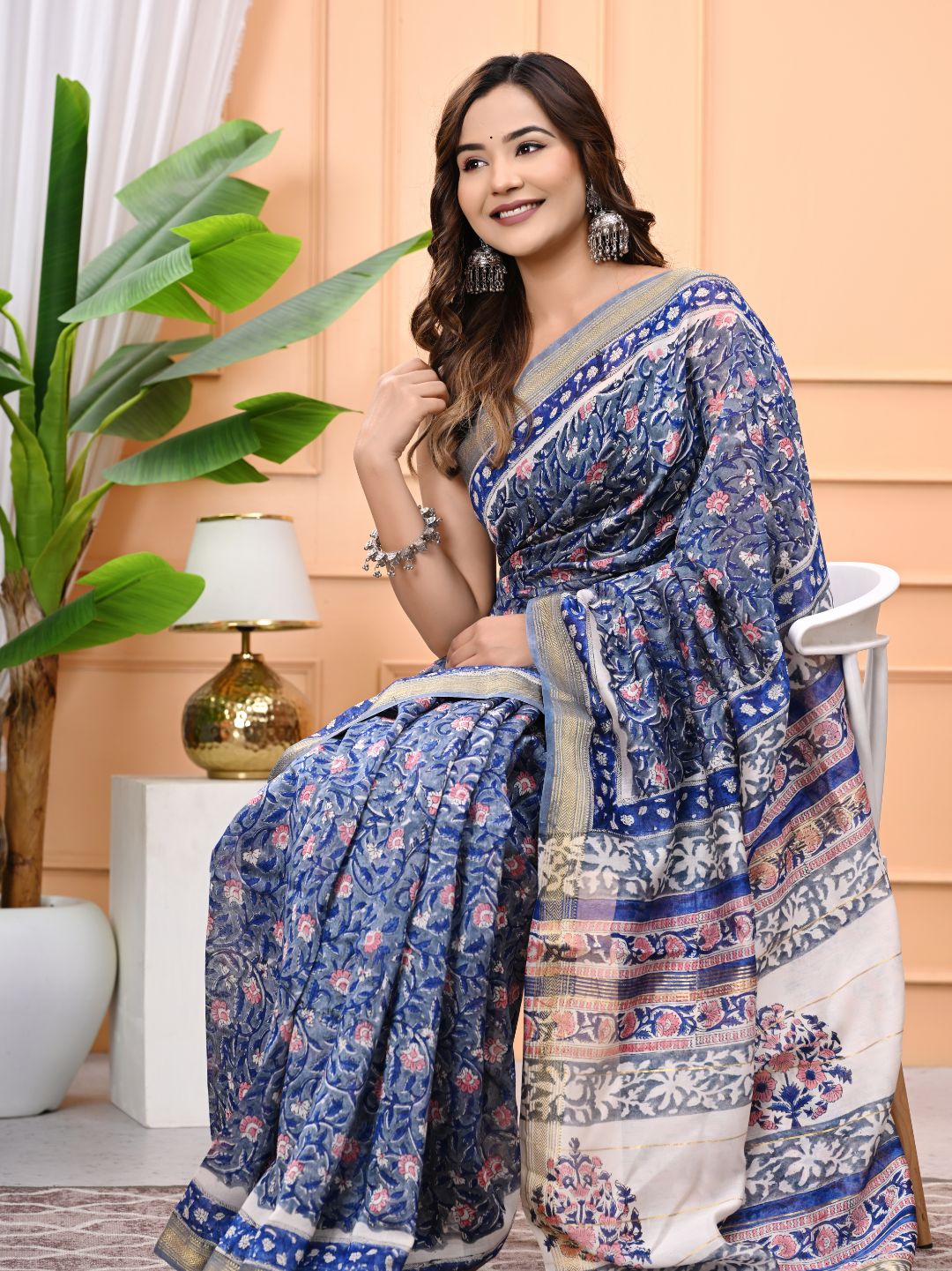 Exclusive Rapid Hand Block Printed Maheshwari Silk Saree