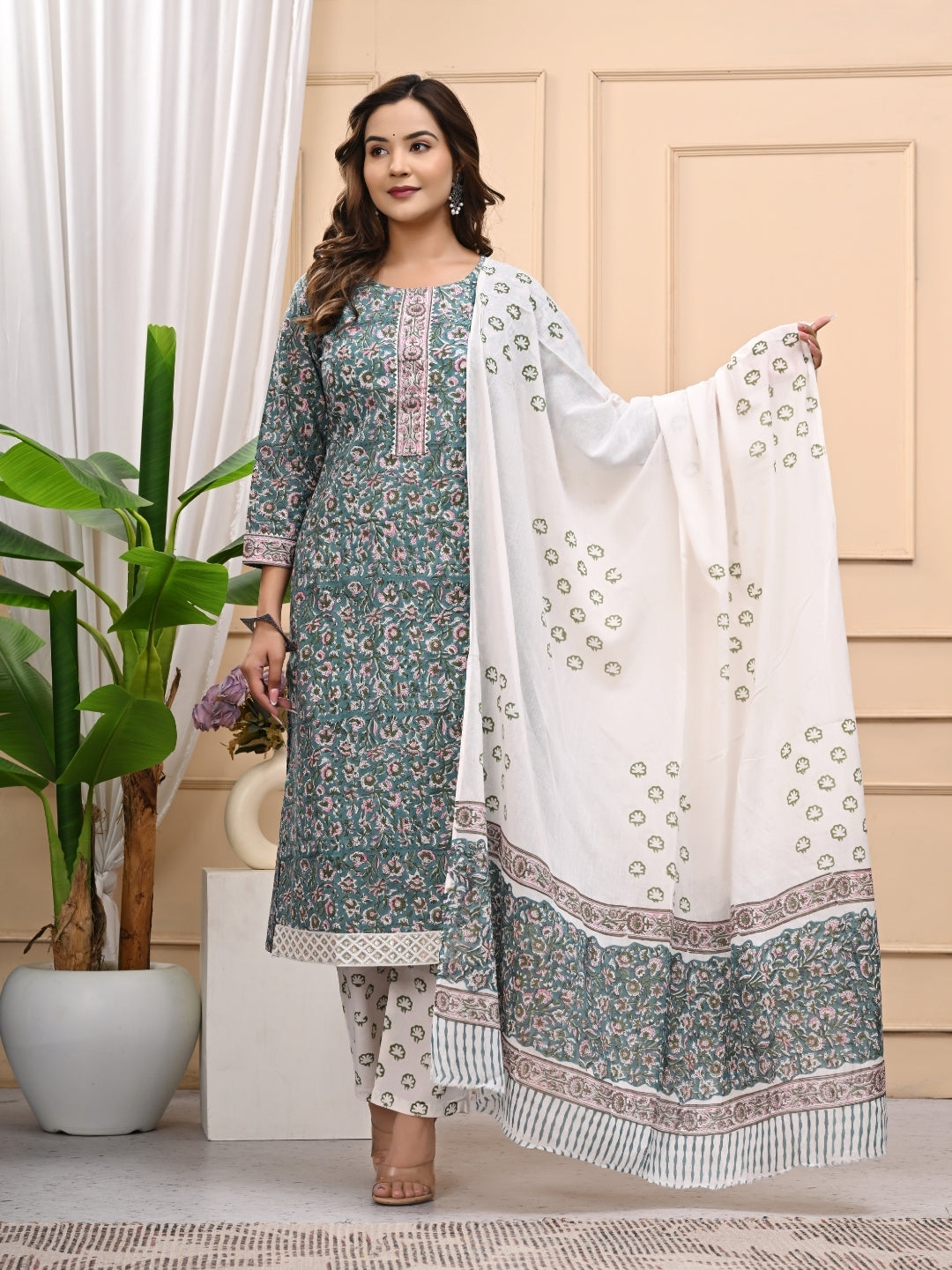 Bagru Handblock Printed Cotton Stitched Suit – 3-Piece Set