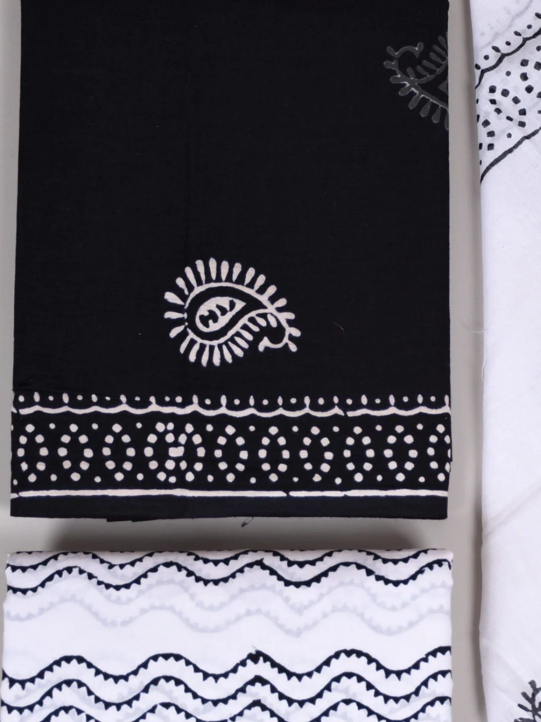Elegant Black & White Block Printed Cotton Suit with Mulmul Dupatta
