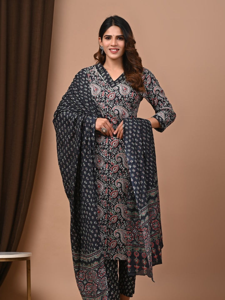 All Time Favorite Black Cotton Stitched Suit with Mulmul Dupatta