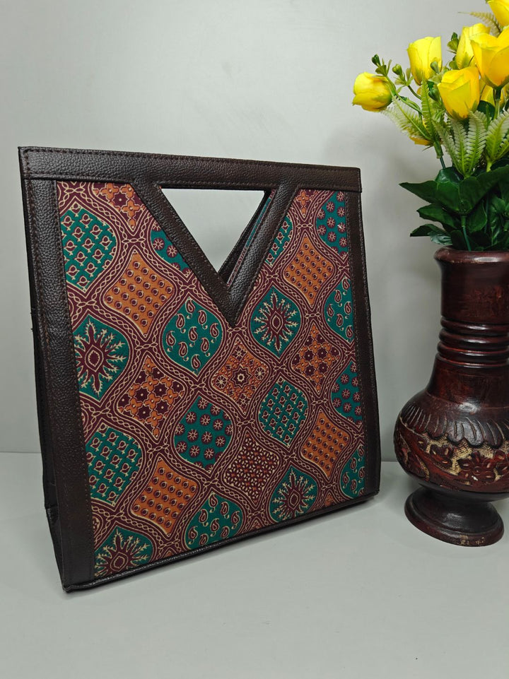 Ajrakh Print Cotton Fabric Kit-Kat (V Cut) Hand Bag