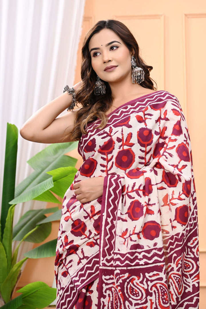 Natural Dabu Hand Block Printed Mulmul Cotton Saree