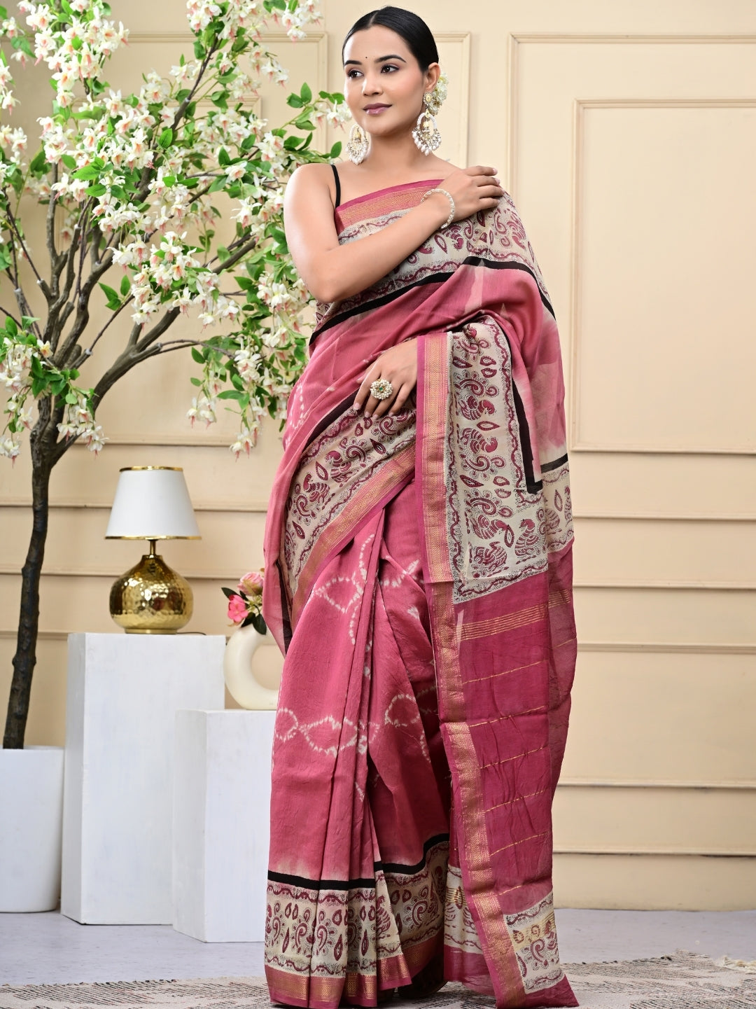 Bagru Print With Shibori Combination Maheshwari Silk Sarees