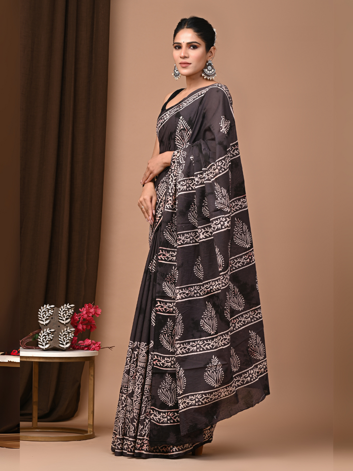 Chocolate Brown Handblock Printed Mulmul Cotton Saree