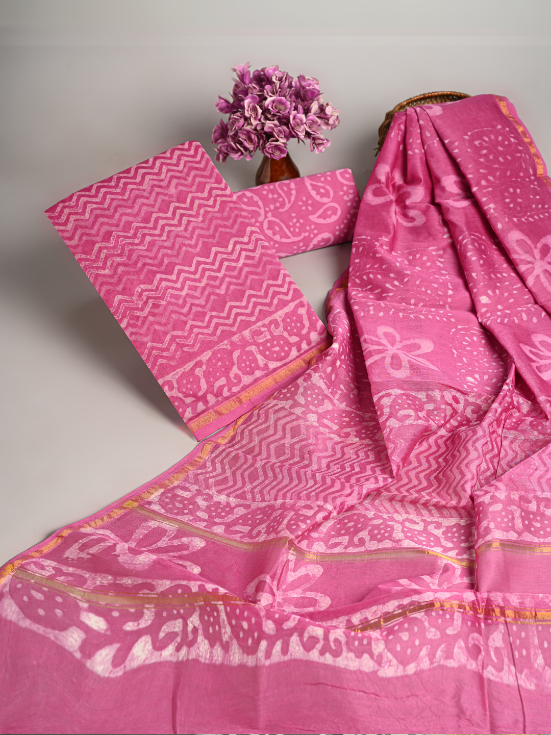 Pink Lehariya Hand-Block Printed Chanderi Silk Suits