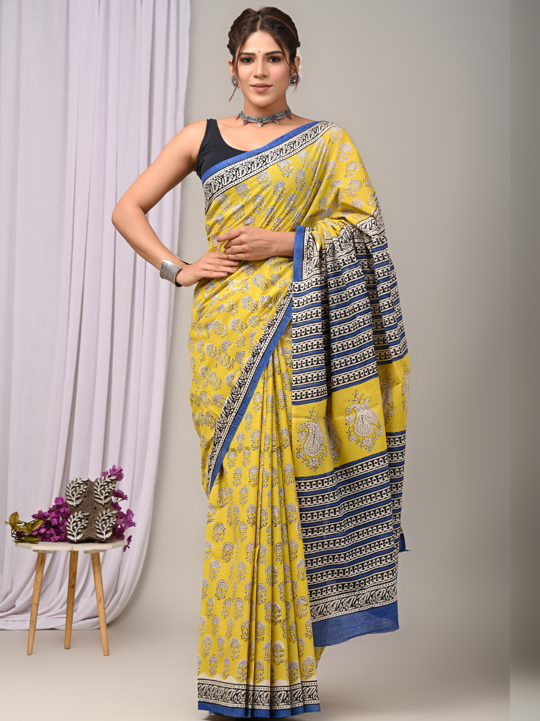 Yellow Bagru Handblock Printed Mulmul Cotton Saree