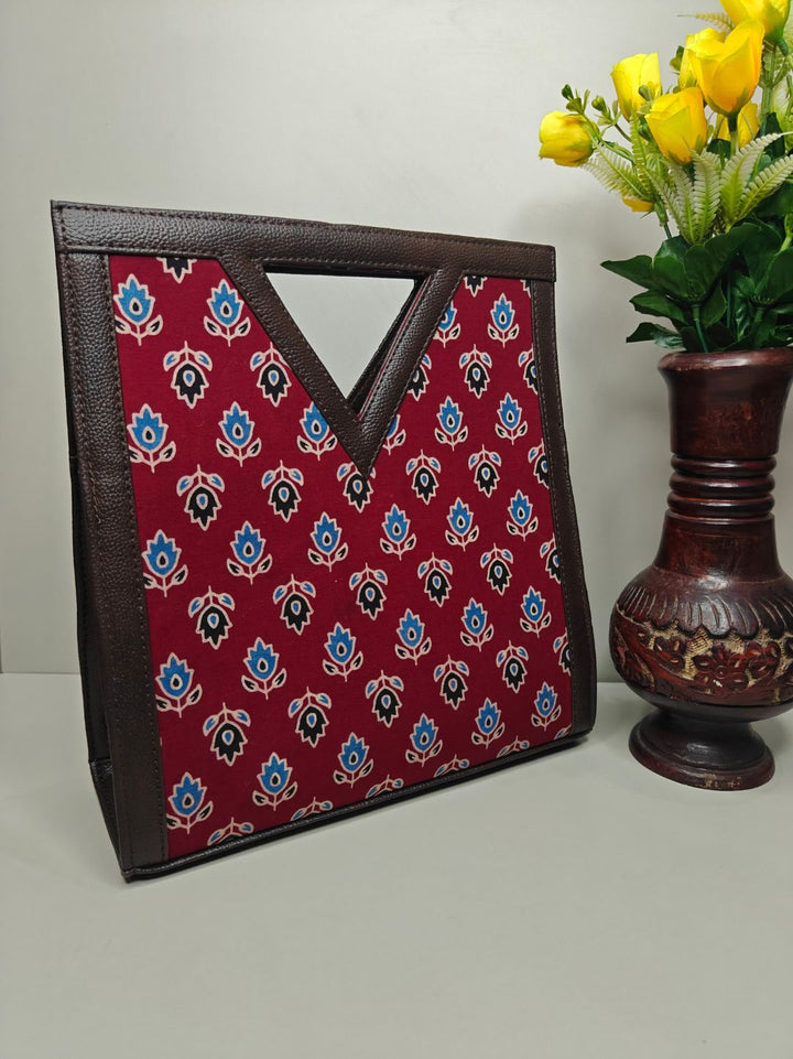 Ajrakh Butti Design Cotton Fabric Kit-Kat (V-Cut) Hand Bag