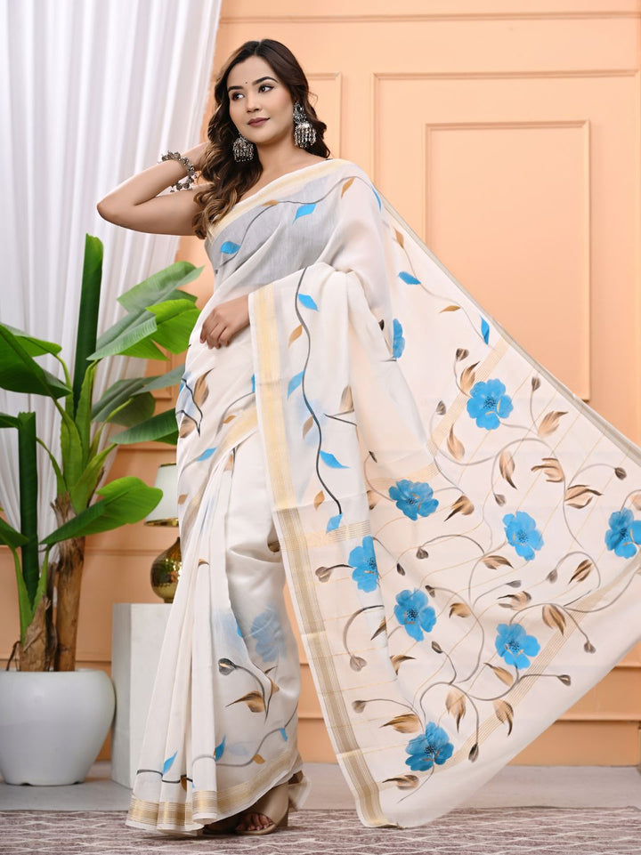 White Hand Brush Painted Maheshwari Silk Saree