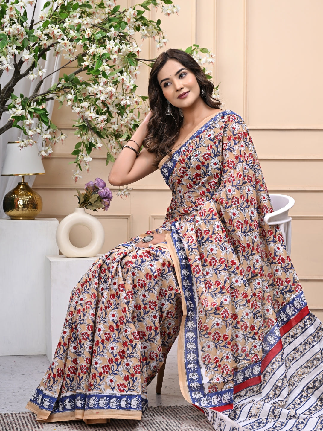 Premium Handblock Beige Mulmul Cotton Saree with Blouse