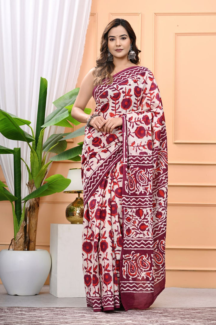 Natural Dabu Hand Block Printed Mulmul Cotton Saree