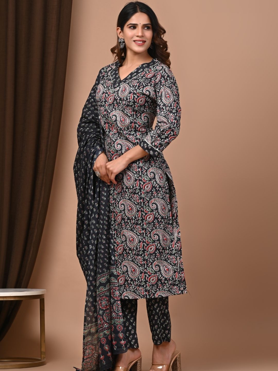 All Time Favorite Black Cotton Stitched Suit with Mulmul Dupatta