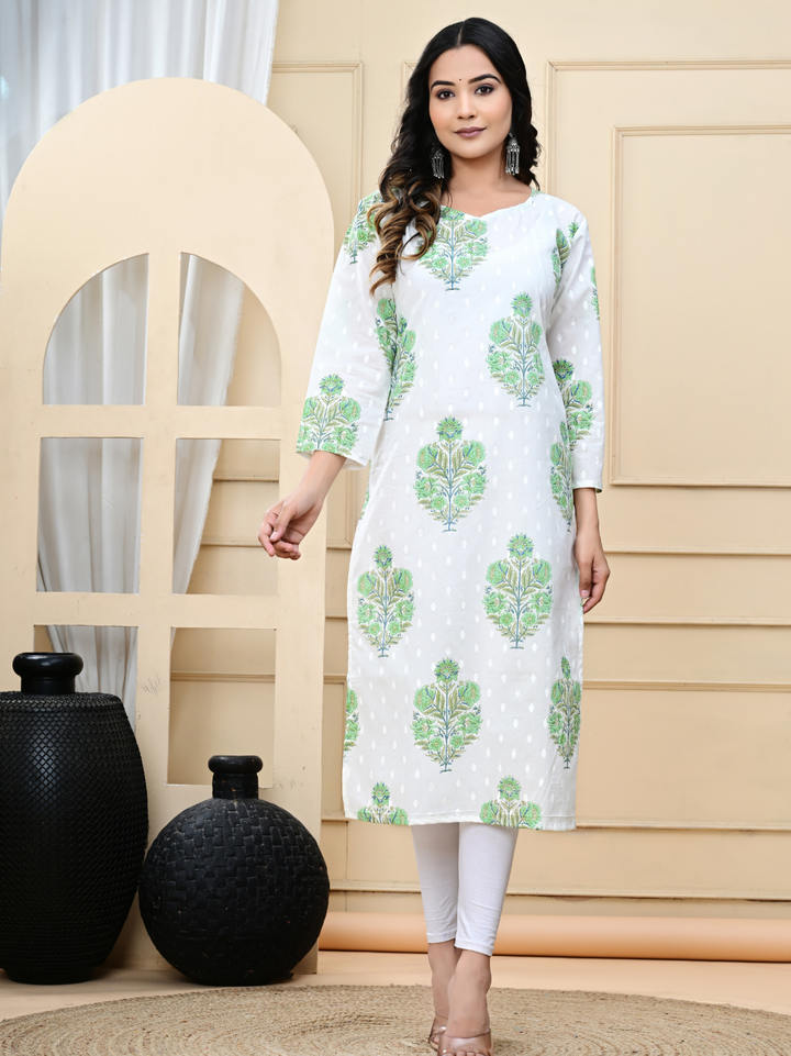 White Bagru Print Hand-Block Printed Long Kurti