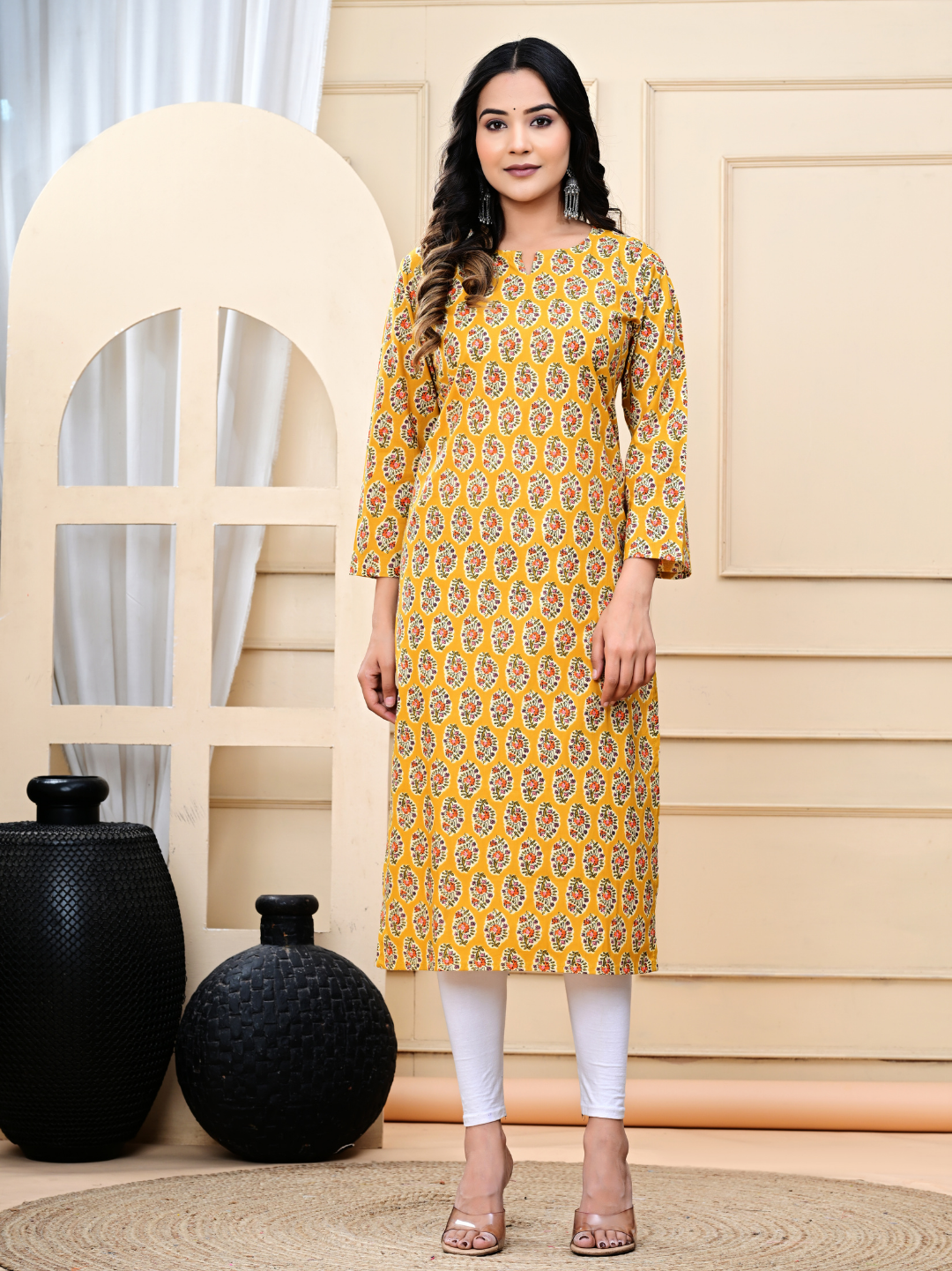 Mustard Yellow Bagru Hand-Block Print Long Kurti