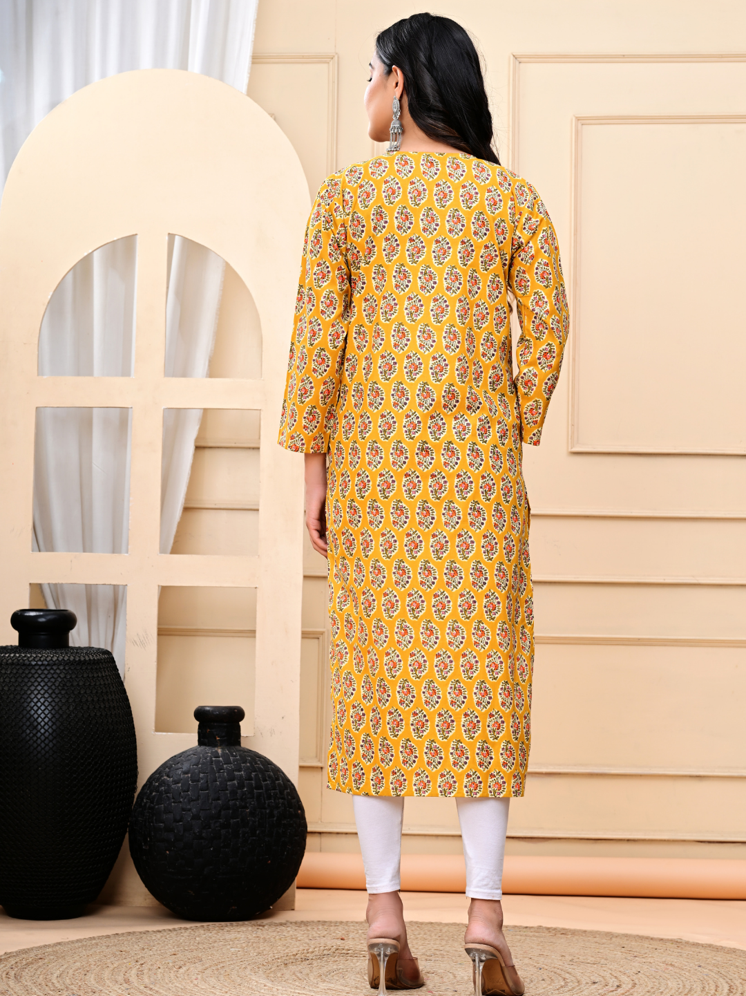 Mustard Yellow Bagru Hand-Block Print Long Kurti