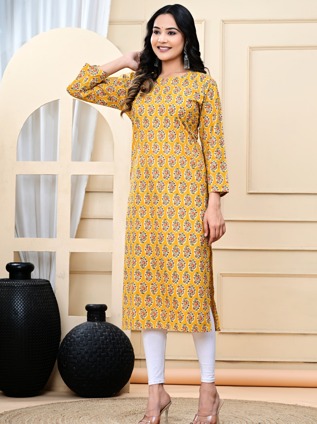 Mustard Yellow Bagru Hand-Block Print Long Kurti