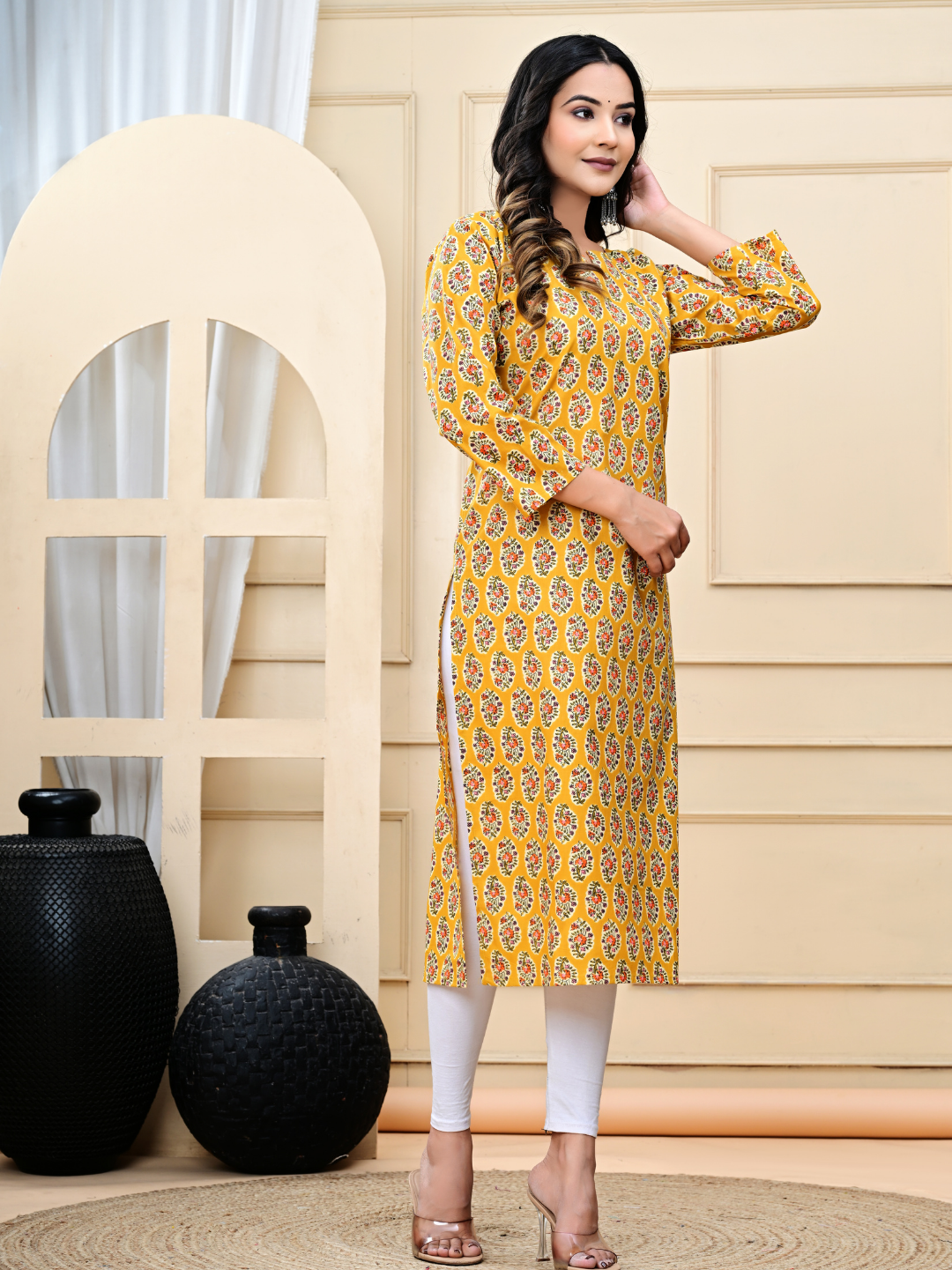 Mustard Yellow Bagru Hand-Block Print Long Kurti