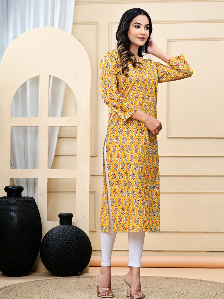 Mustard Yellow Bagru Hand-Block Print Long Kurti