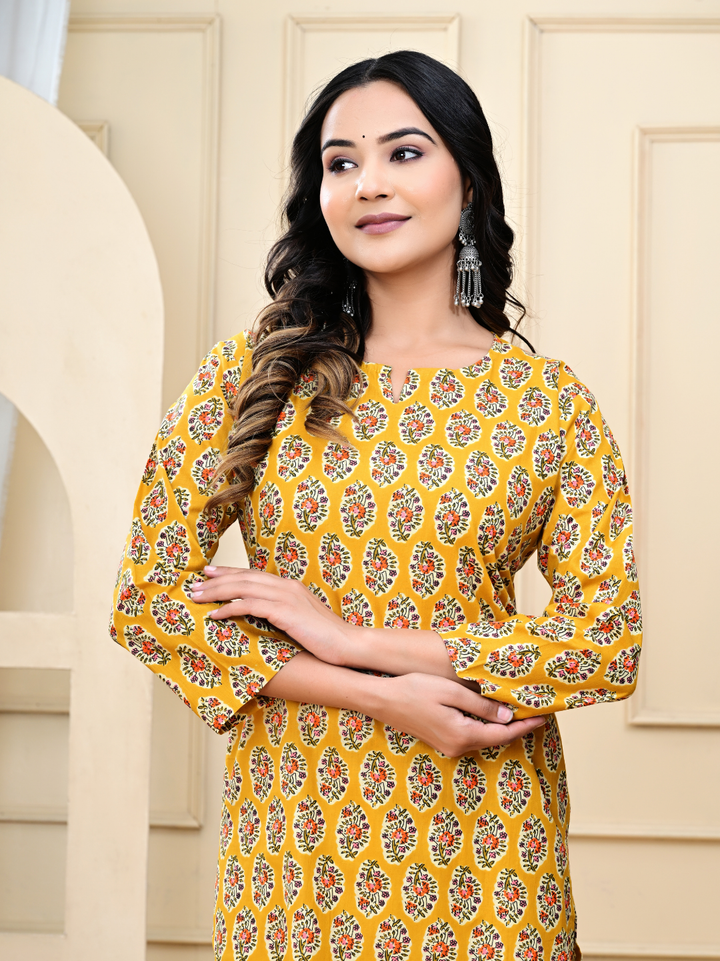 Mustard Yellow Bagru Hand-Block Print Long Kurti