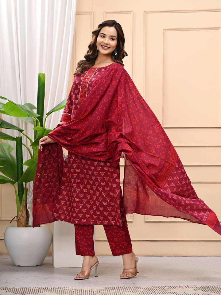 Maroon Bagru Handblock Printed Cotton Stitched Suit