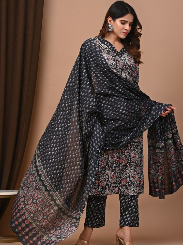 All Time Favorite Black Cotton Stitched Suit with Mulmul Dupatta