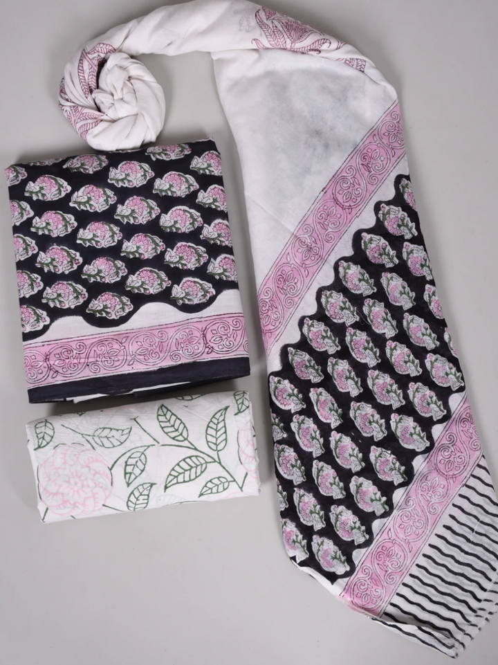 Black Butti Block Printed Cotton Suit with Mulmul Cotton Dupatta